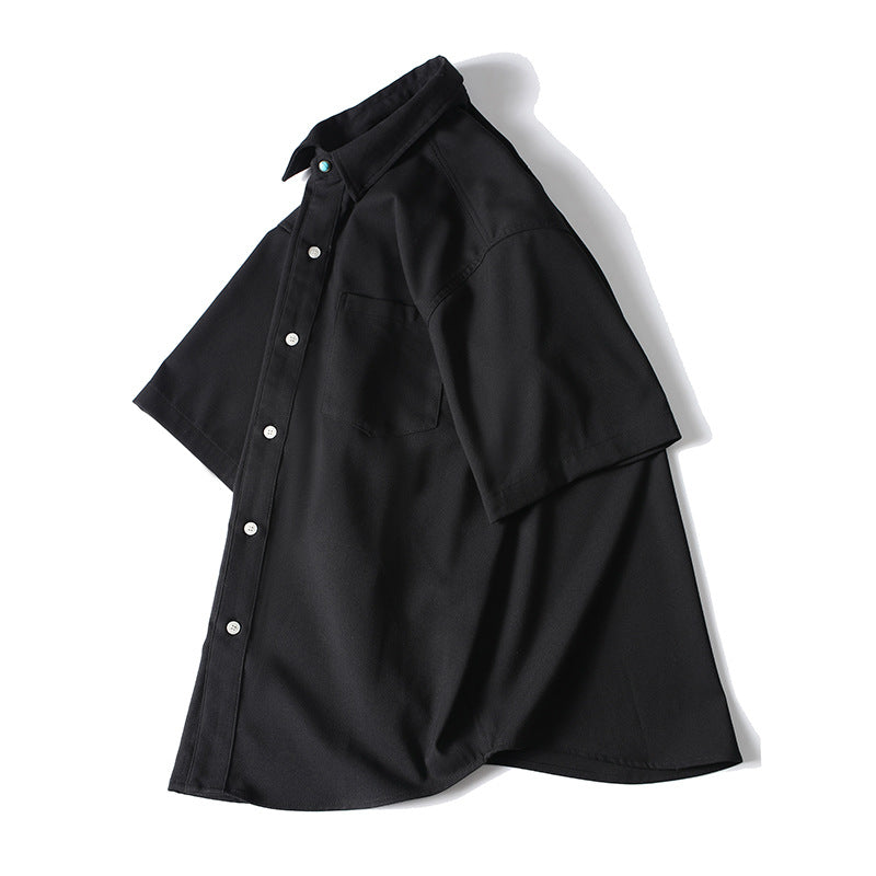 Oversize Retro Hemd Detail – Kuba-Kragen einfarbig schwarz Baumwolle
