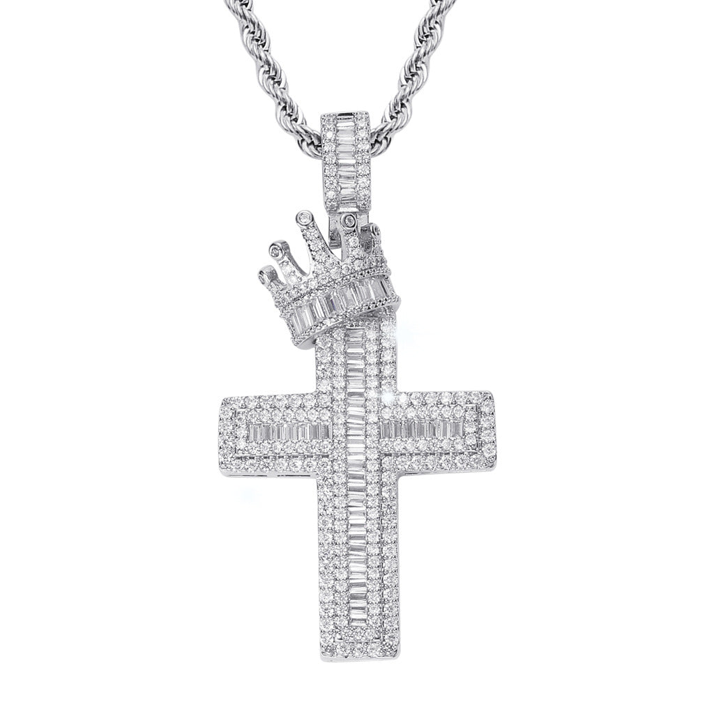 Krone Kreuz Anhänger – Hip-Hop Halskette in Gold & Silber | Kupfer Schmuck – Variante 7 – Seitenansicht