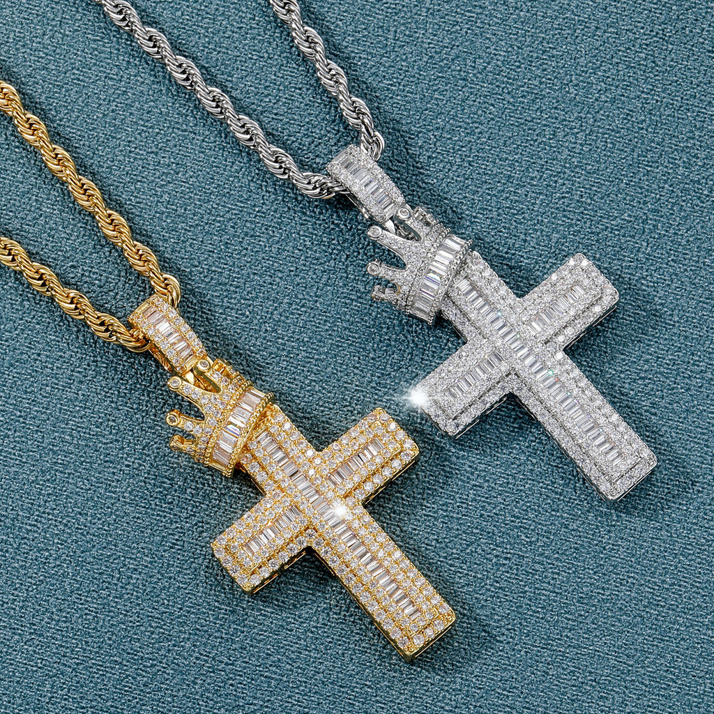 Krone Kreuz Anhänger – Hip-Hop Halskette in Gold & Silber | Kupfer Schmuck – Variante 2 – Seitenansicht