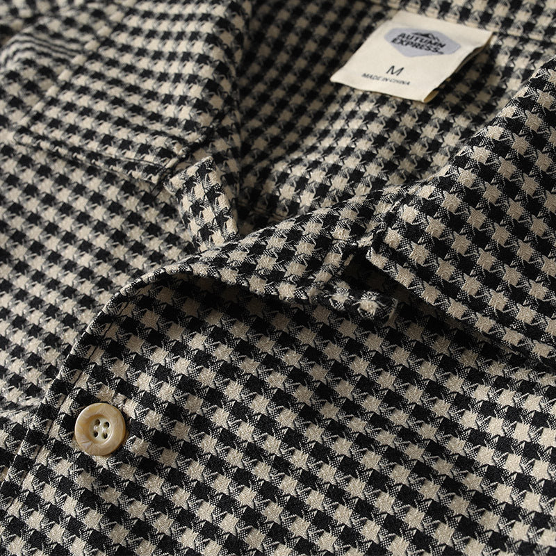 Herren Kurzarmhemd Hahnentritt-Muster – Locker, Kuba-Kragen | Casual Sommer Hemd – Variante 4 – Rückansicht