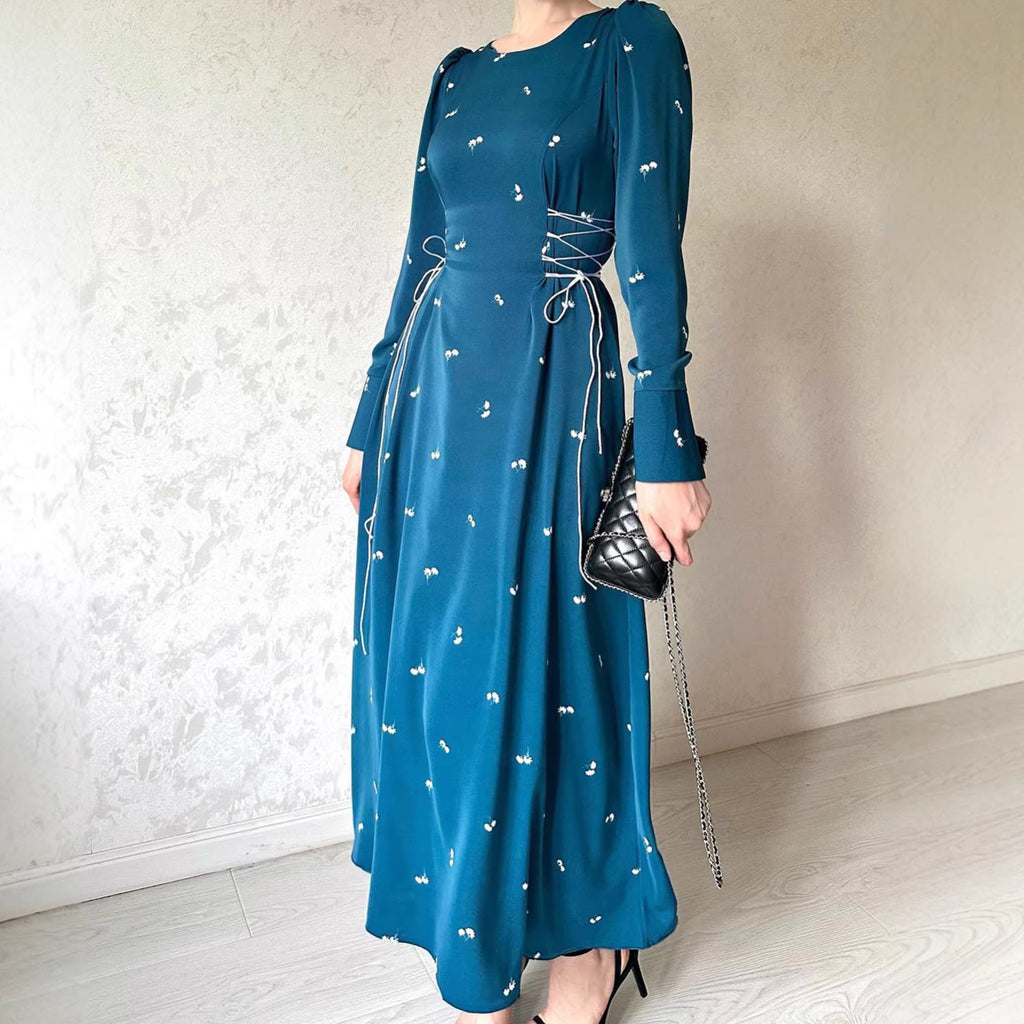 Maxikleid Damen himmelblau Seitenansicht – langer Saum Kapuze Polyester