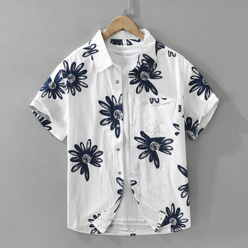 Japanisches Trendhemd Herren Weiß Kurzarmhemd Print Vorderseite