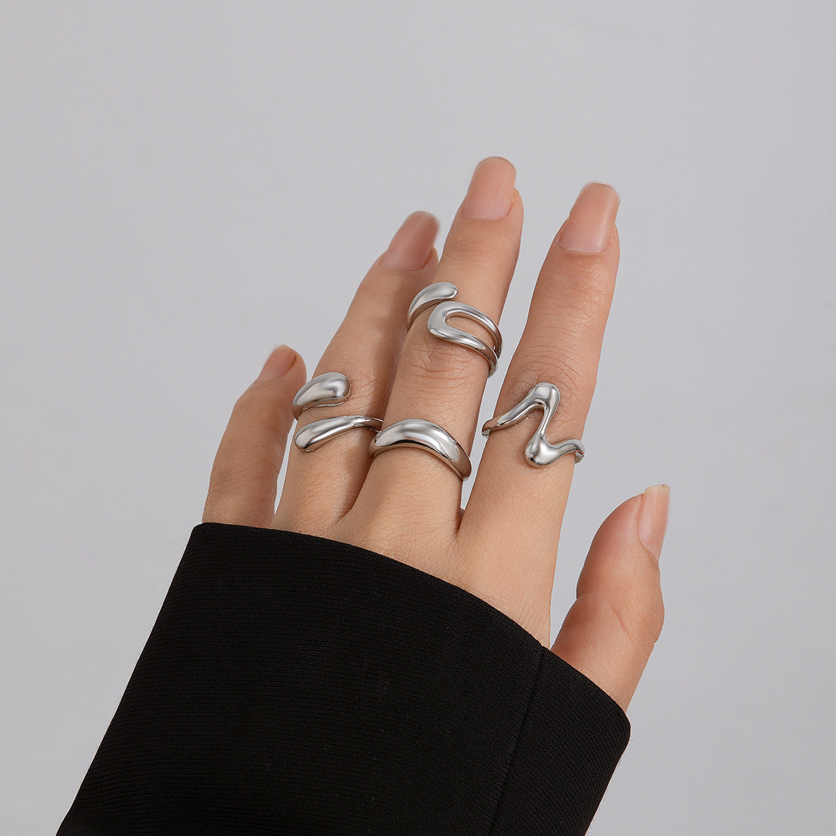 Geometrisches Ring-Set 3-teilig – Modeschmuck Legierung, Light Gold & Weißgold