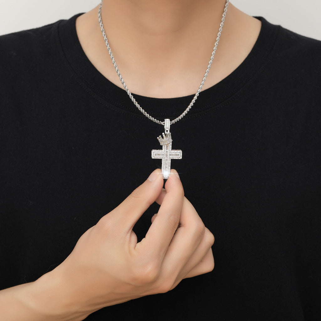 Krone Kreuz Anhänger – Hip-Hop Halskette in Gold & Silber | Kupfer Schmuck – Variante 5 – Gesamtansicht
