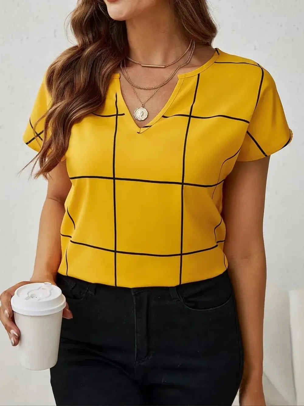 Kariertes Kontrastbluse mit Kerb-Ausschnitt – Elegant & Casual