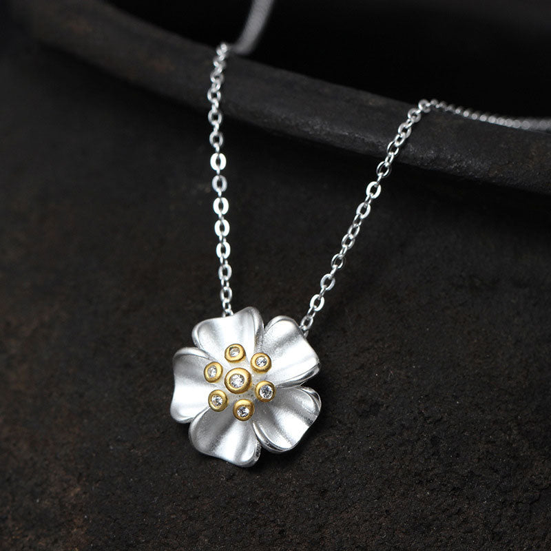 925 Silber Blumen-Halskette Zirkon Gliederkette – Frontansicht