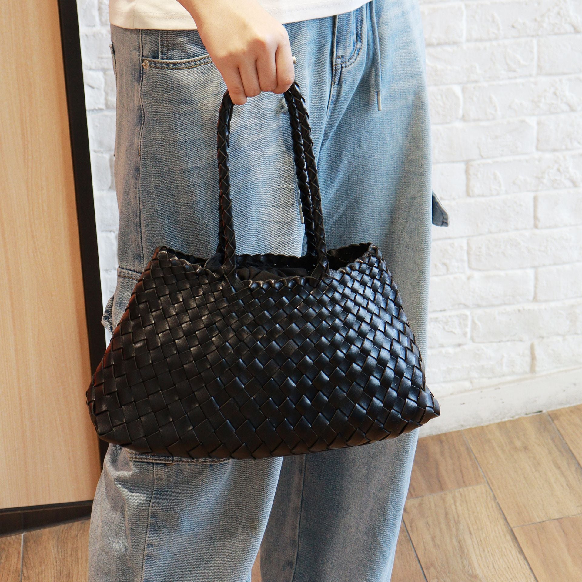 Retro Handtasche mit großer Kapazität – Handgewebte Echtleder Shopper Tote Bag