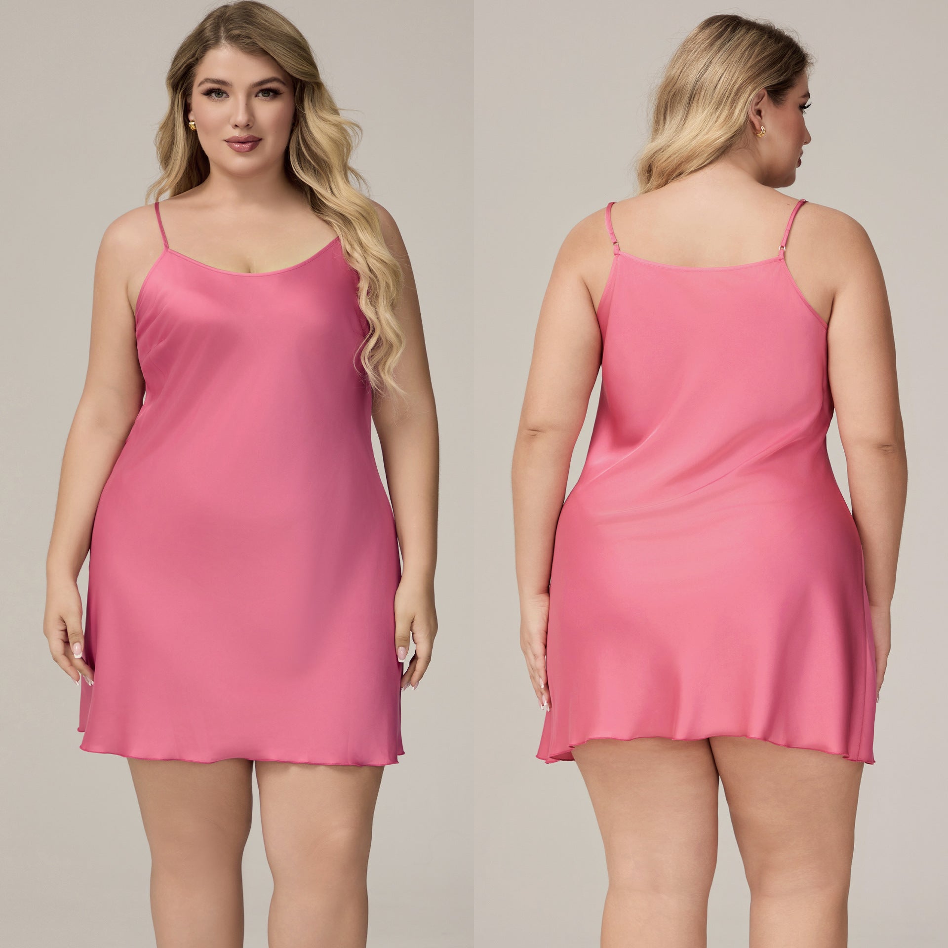 Damen Satin-Chiffon-Neglé Rosa Vorder- & Rückansicht – BodyLuxCare