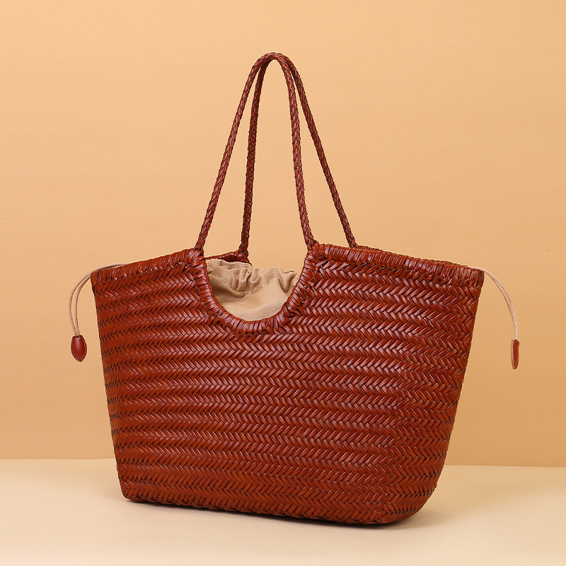 Große Geflochtene Shopper-Tasche Echtleder Schwarz – Frontansicht