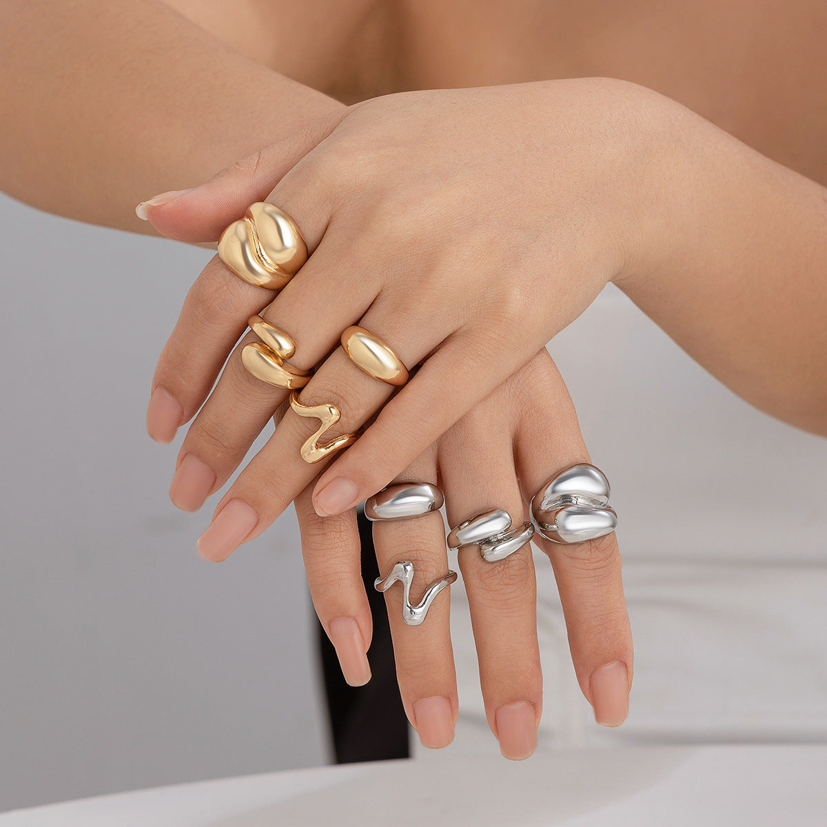 Geometrisches Ring-Set 3-teilig Light Gold – Modeschmuck Legierung