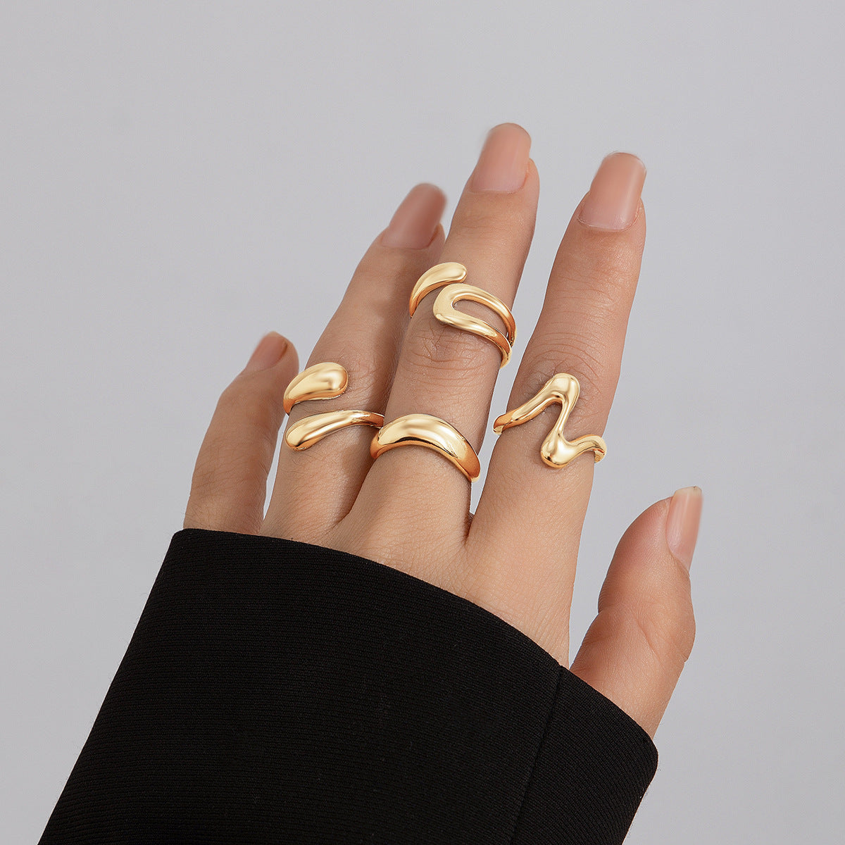 Geometrisches Ring-Set 3-teilig – Modeschmuck Legierung, Light Gold & Weißgold