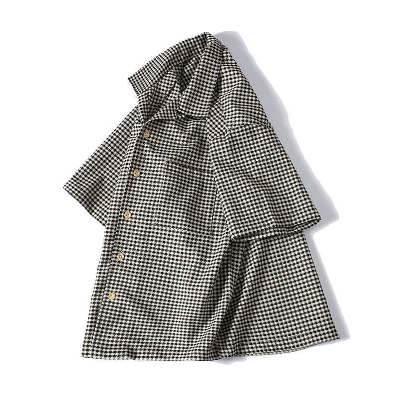 Herren Kurzarmhemd Hahnentritt-Muster – Locker, Kuba-Kragen | Casual Sommer Hemd – Variante 3 – Detailansicht