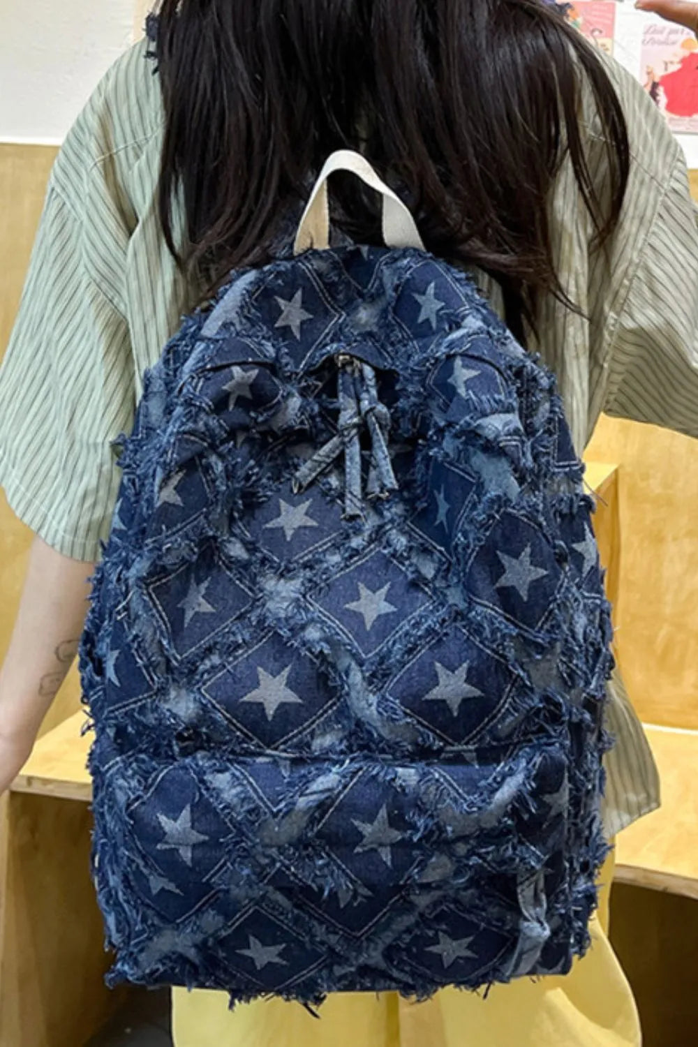 Stern Denim Rucksack Damen – Jeans Schulrucksack mit Stern-Muster, 33x40x14 cm, 3 Farben
