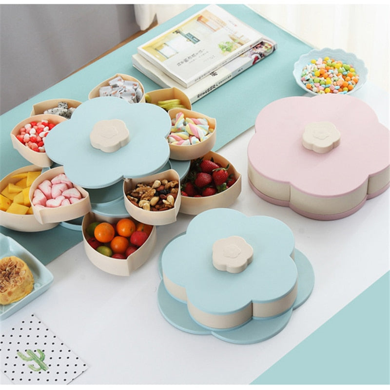 Drehbare Snackbox Blütenform – 2-lagiger Obstteller mit 10 Fächern | BPA-frei | Ideal für Früchte, Nüsse & Snacks