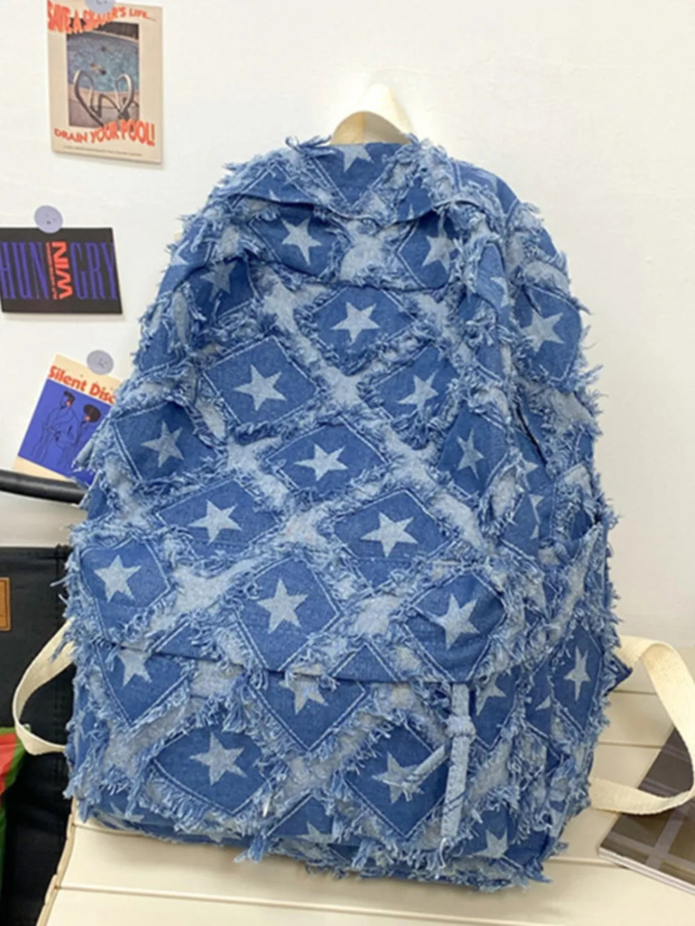 Denim Rucksack rosa Stern Muster Damen – Schule Universität Freizeit