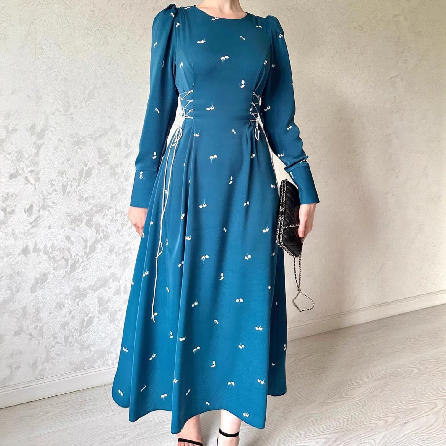 Damen Maxikleid himmelblau tailliert Kapuze – Strickgewebe Frühling kaufen