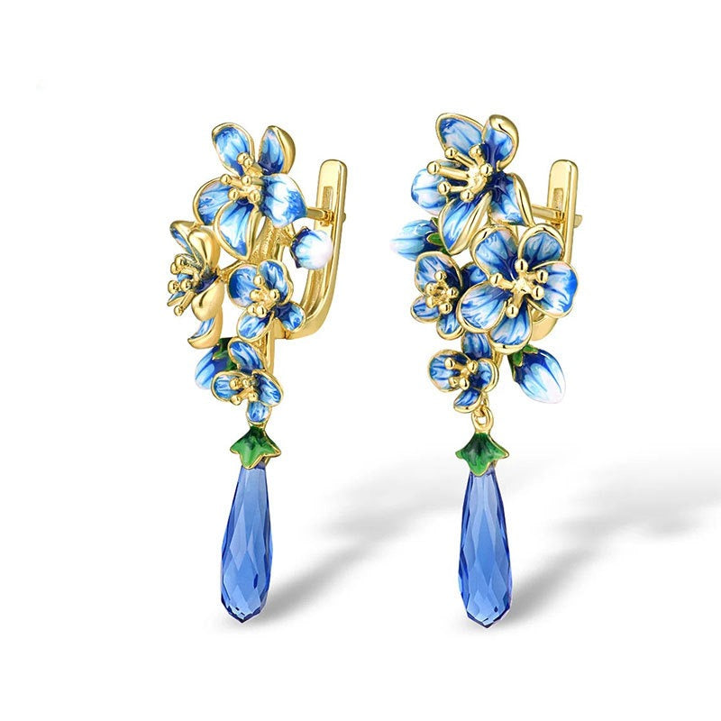 Blumen Hängeohrringe Zirkon Kupfer vergoldet Blau – Frontansicht