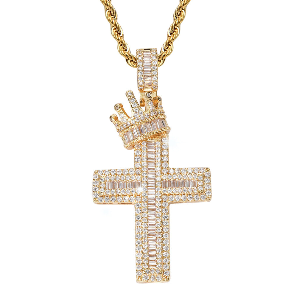 Krone Kreuz Anhänger – Hip-Hop Halskette in Gold & Silber | Kupfer Schmuck – Variante 6 – Vorderansicht
