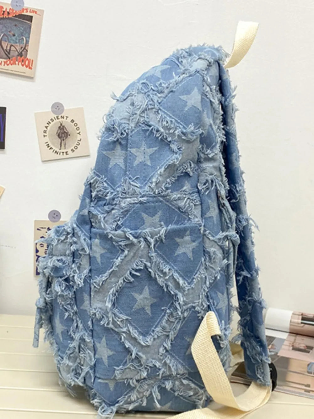 Denim Rucksack Stern Detail – Stoff Qualität Muster Nahaufnahme