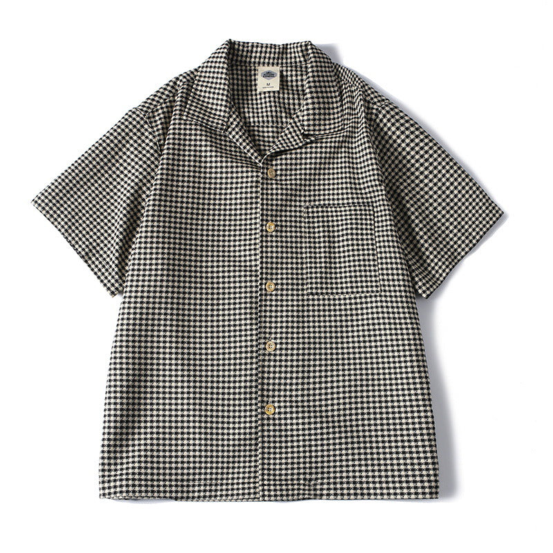 Herren Kurzarmhemd Hahnentritt-Muster – Locker, Kuba-Kragen | Casual Sommer Hemd – Variante 1 – Vorderansicht