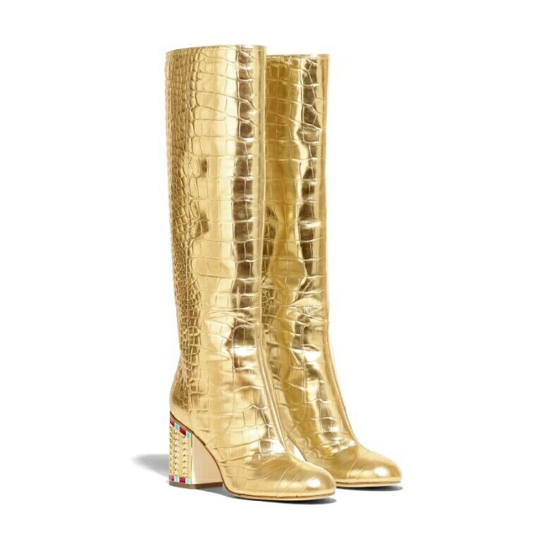Damen Kniehohe Stiefel Krokodilmuster Gold Strass Blockabsatz – Spitze Zehenpartie Echtleder Optik