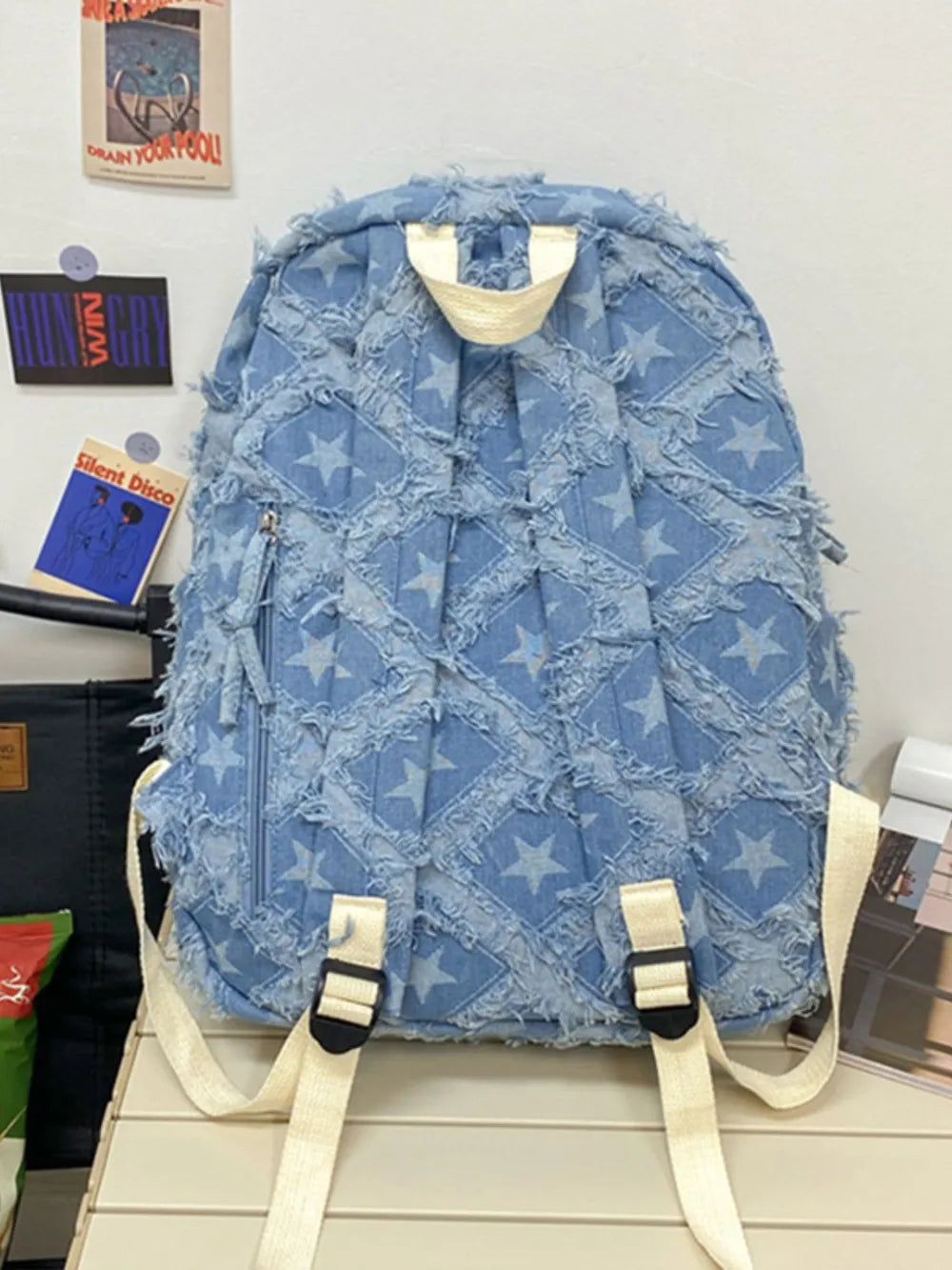 Damen Jeans Rucksack Stern Muster Seitenansicht – Reissverschluss Schule Uni