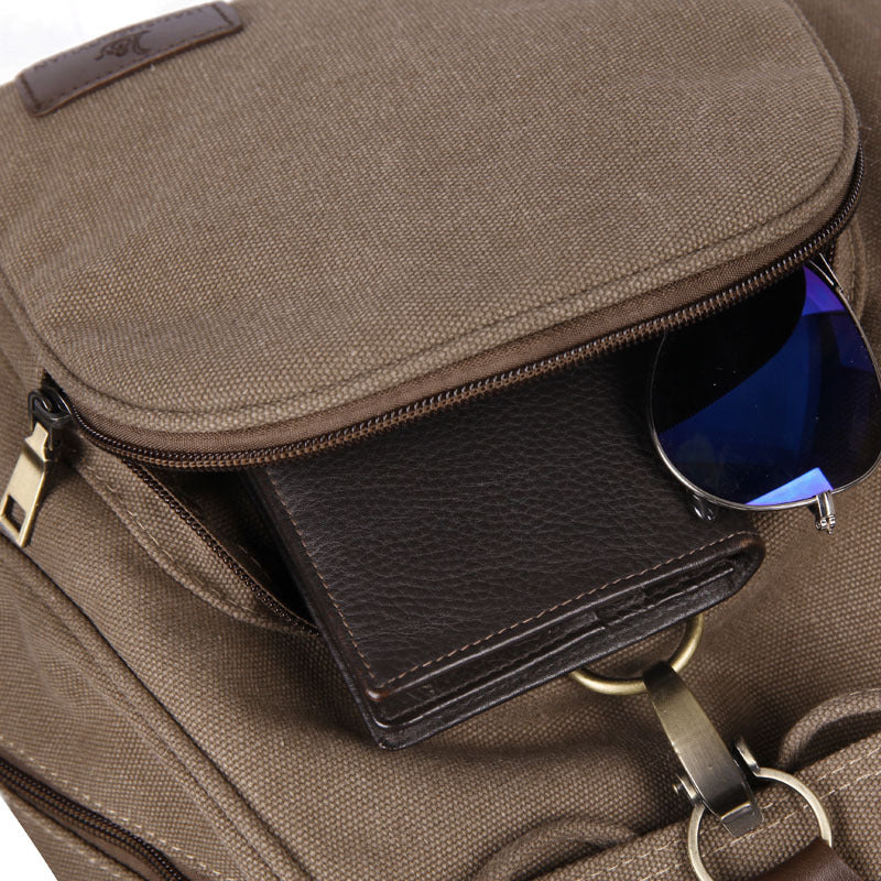 Canvas Rucksack Retro Damen Detail – Reissverschluss Vordertasche Stoff Qualität