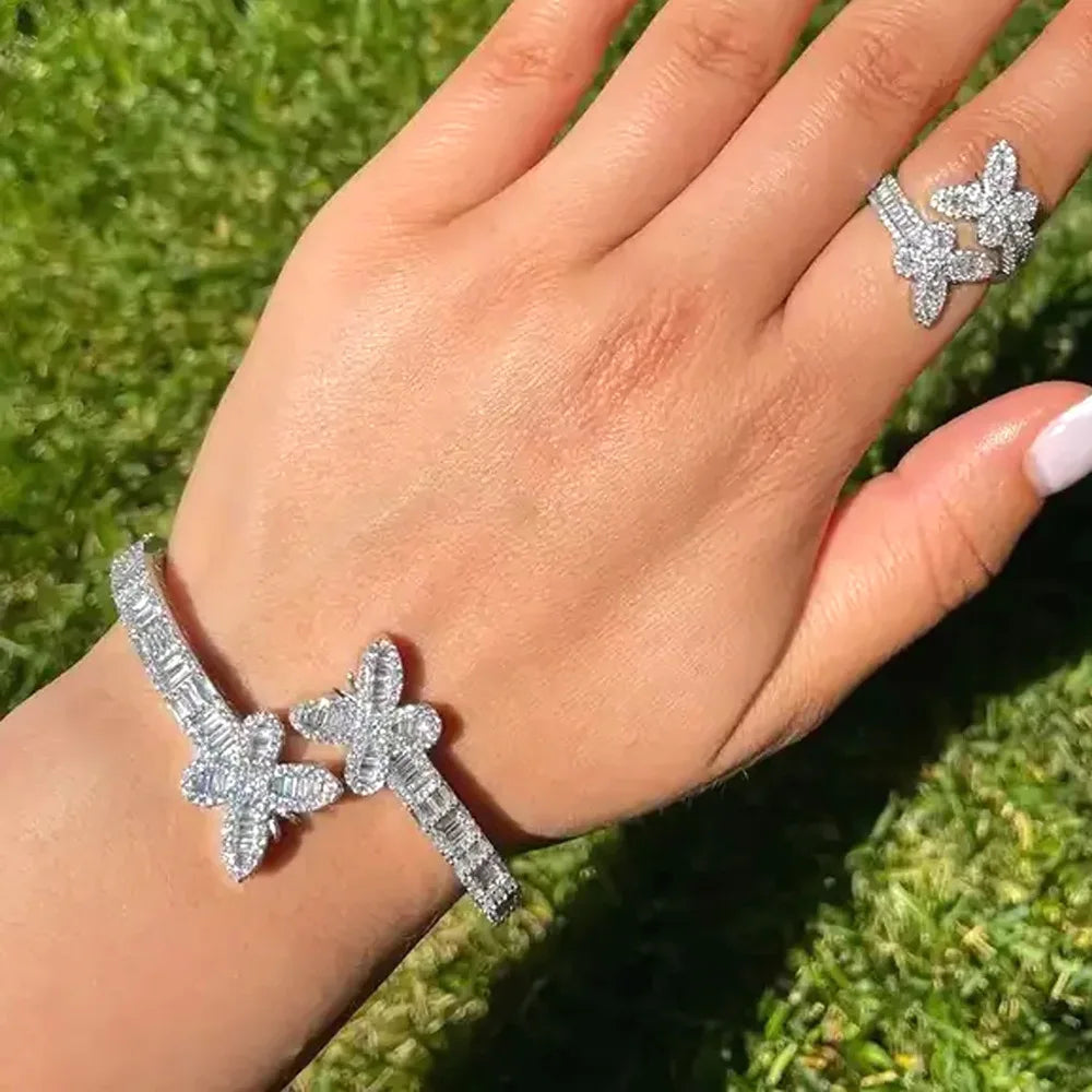 Schmetterlings-Armband-Set Iced Out – 18K Vergoldet Baguette CZ