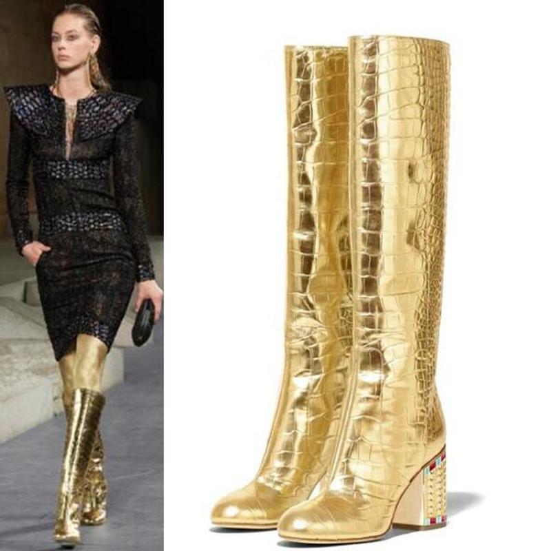 Damen kniehohe Stiefel Krokodilmuster Gold Strass Blockabsatz – BodyLuxCare