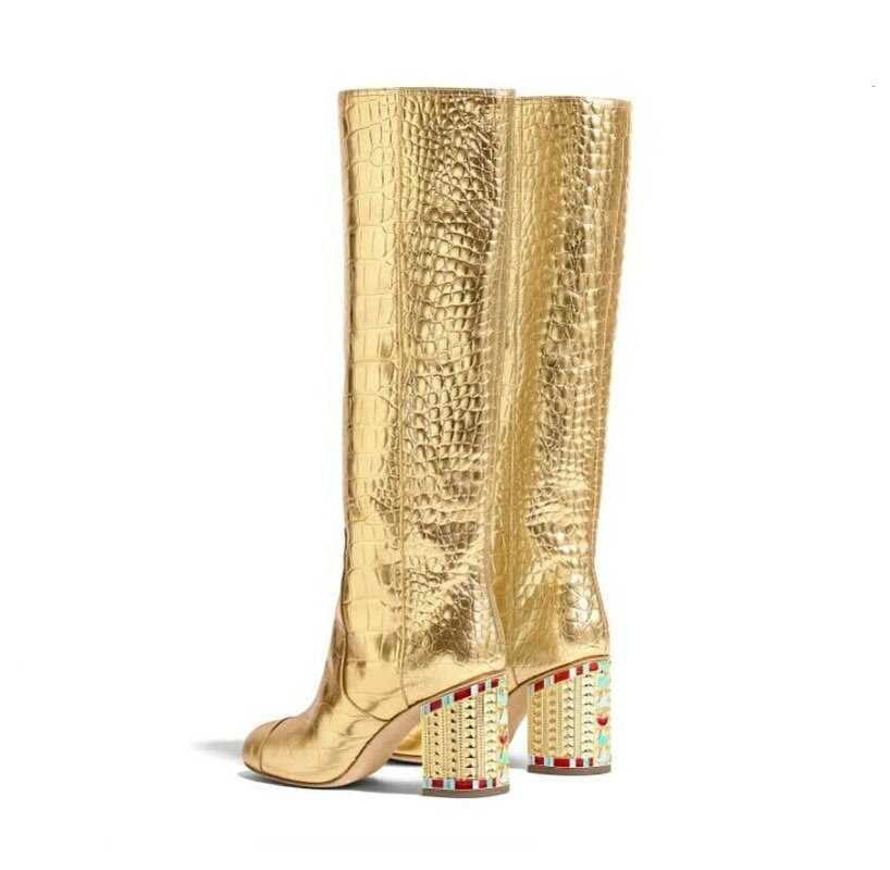 Goldene Damen Kniehohe Stiefel Rückansicht Krokodilmuster Strass – BodyLuxCare