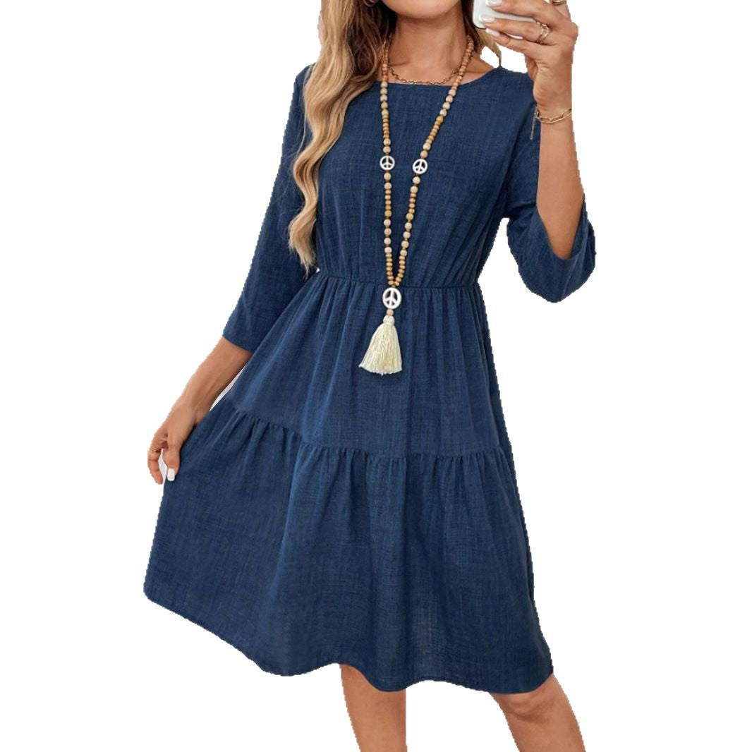 Damen Midi-Kleid Dunkelblau Vorderansicht Tailliert Rundhals – BodyLuxCare