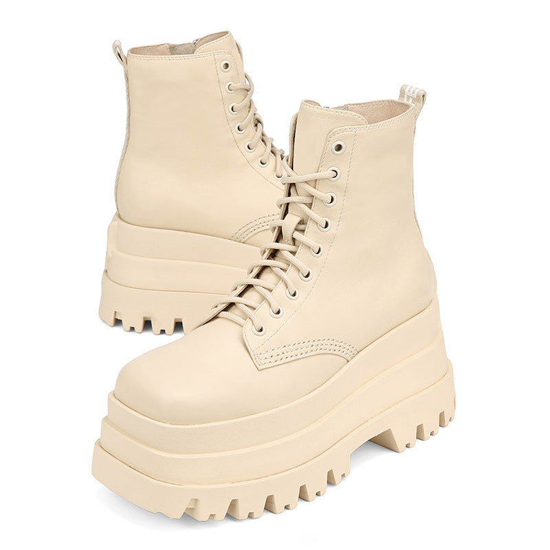 Beige Damen Schnürboots mit dicker Muffin-Sohle – Herbst Winter Stiefeletten BodyLuxCare