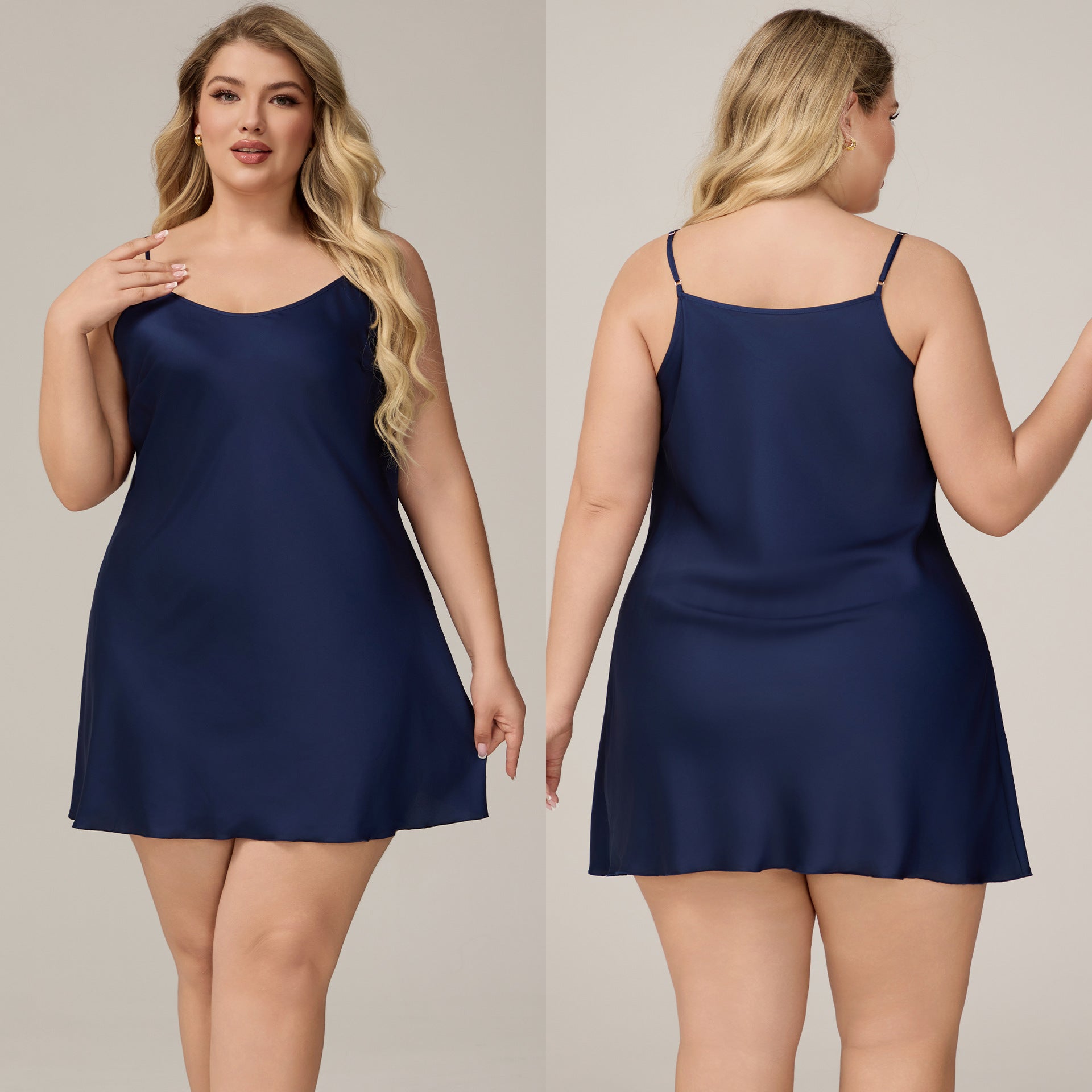 Damen Satin-Chiffon-Neglé Marineblau Vorder- & Rückansicht – BodyLuxCare