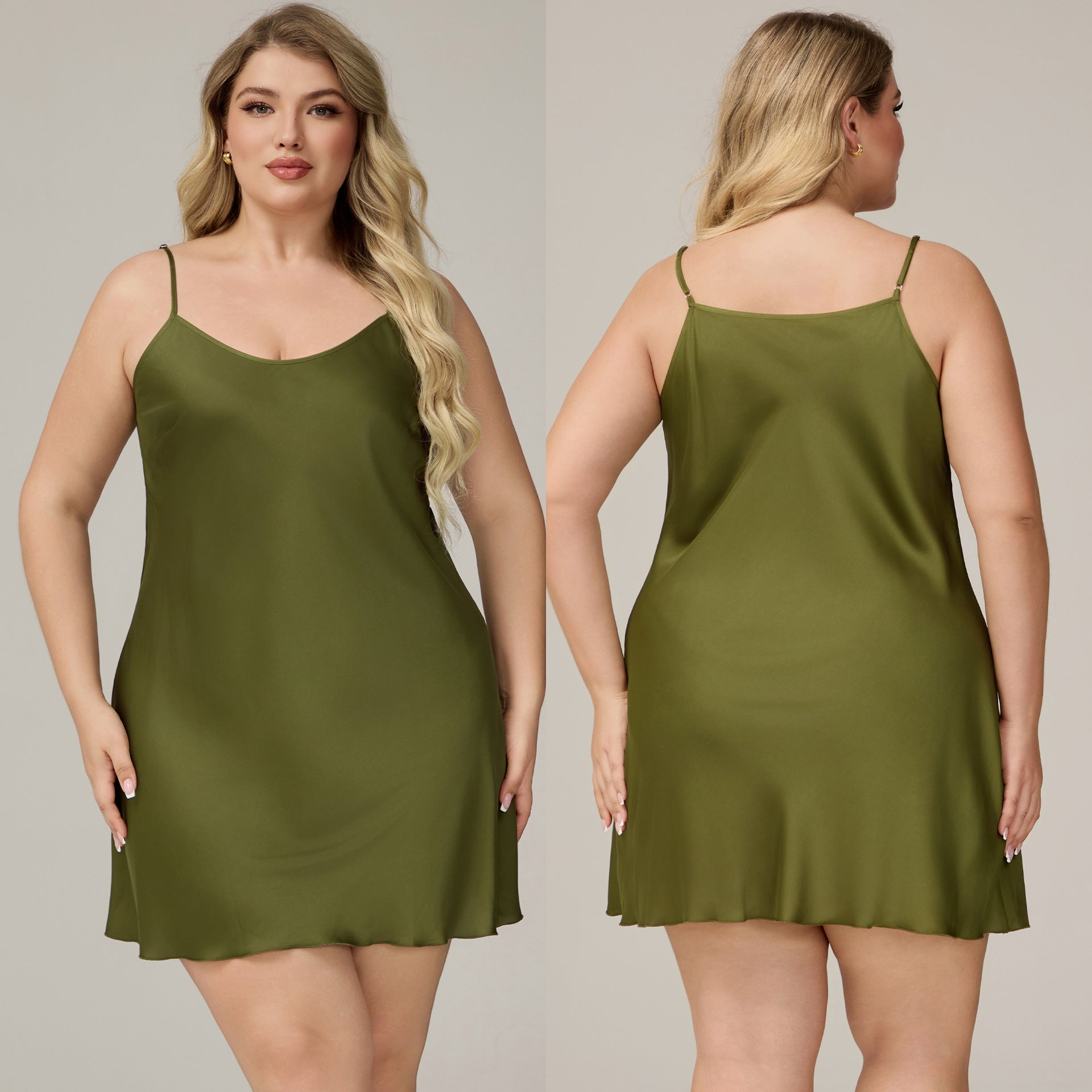 Damen Satin-Chiffon-Negligé Olivgrün Vorder- & Rückansicht – BodyLuxCare