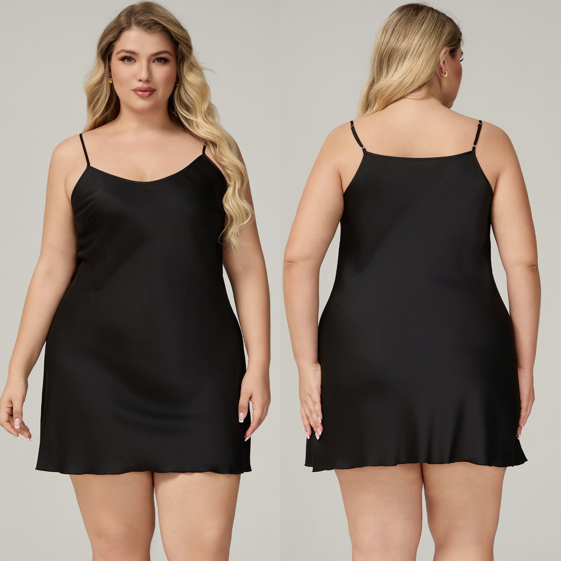 Damen Satin-Chiffon-Negligé Schwarz Vorder- & Rückansicht – BodyLuxCare