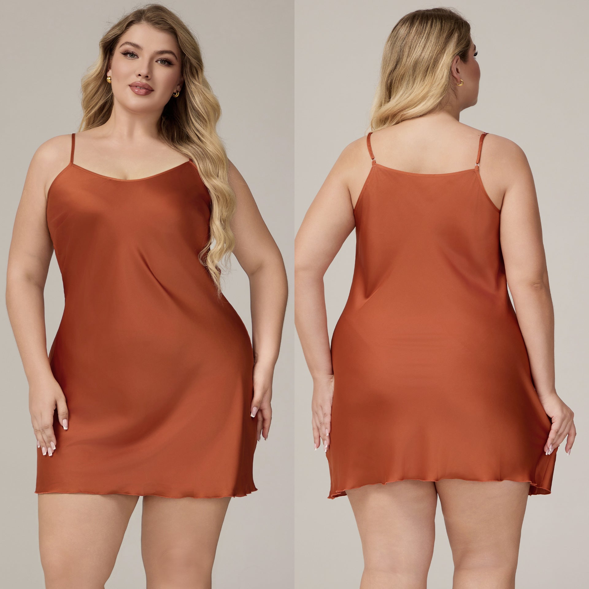 Damen Satin-Chiffon-Negligé Terrakotta Vorder- & Rückansicht – BodyLuxCare