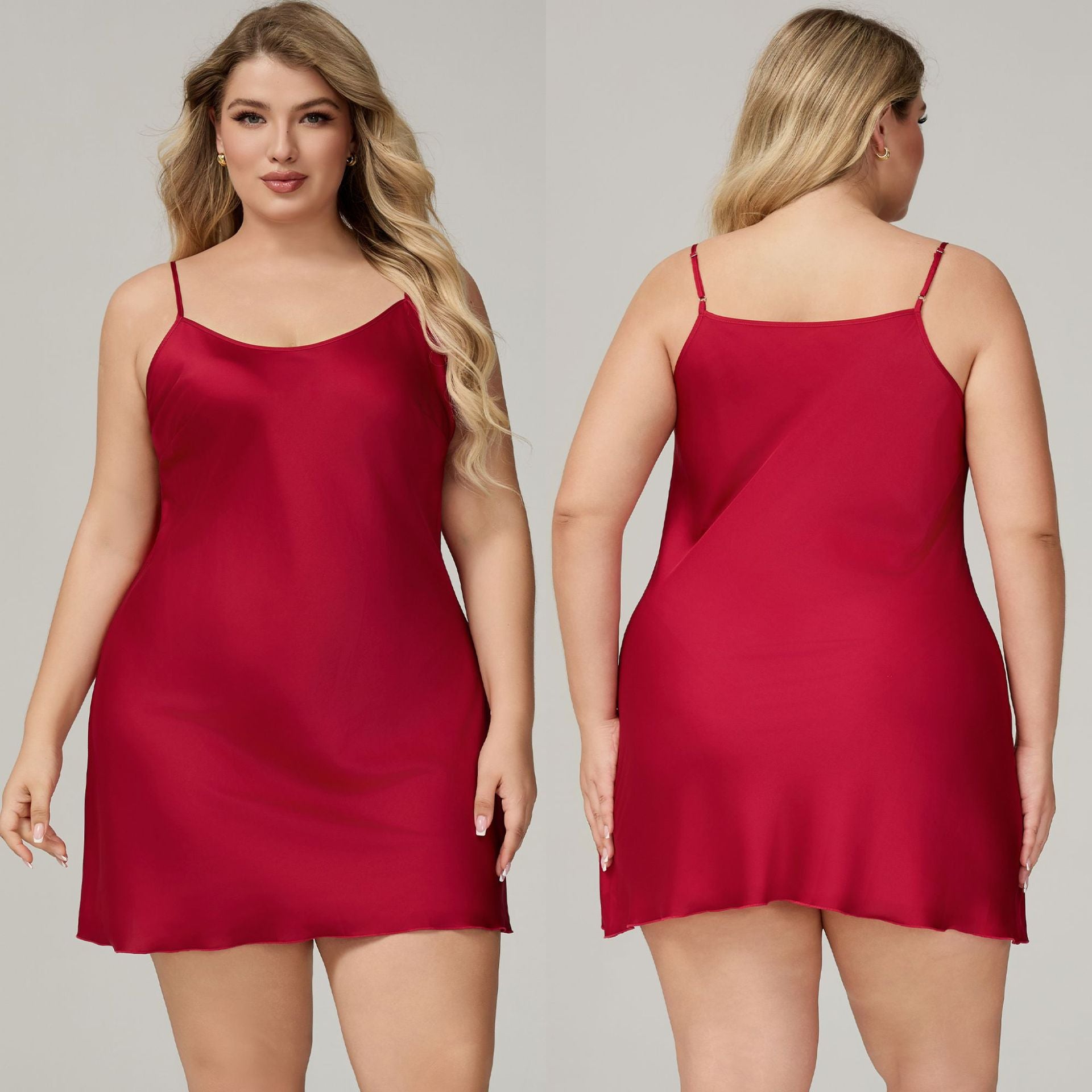 Damen Satin-Chiffon-Negligé Weinrot Vorder- & Rückansicht – BodyLuxCare