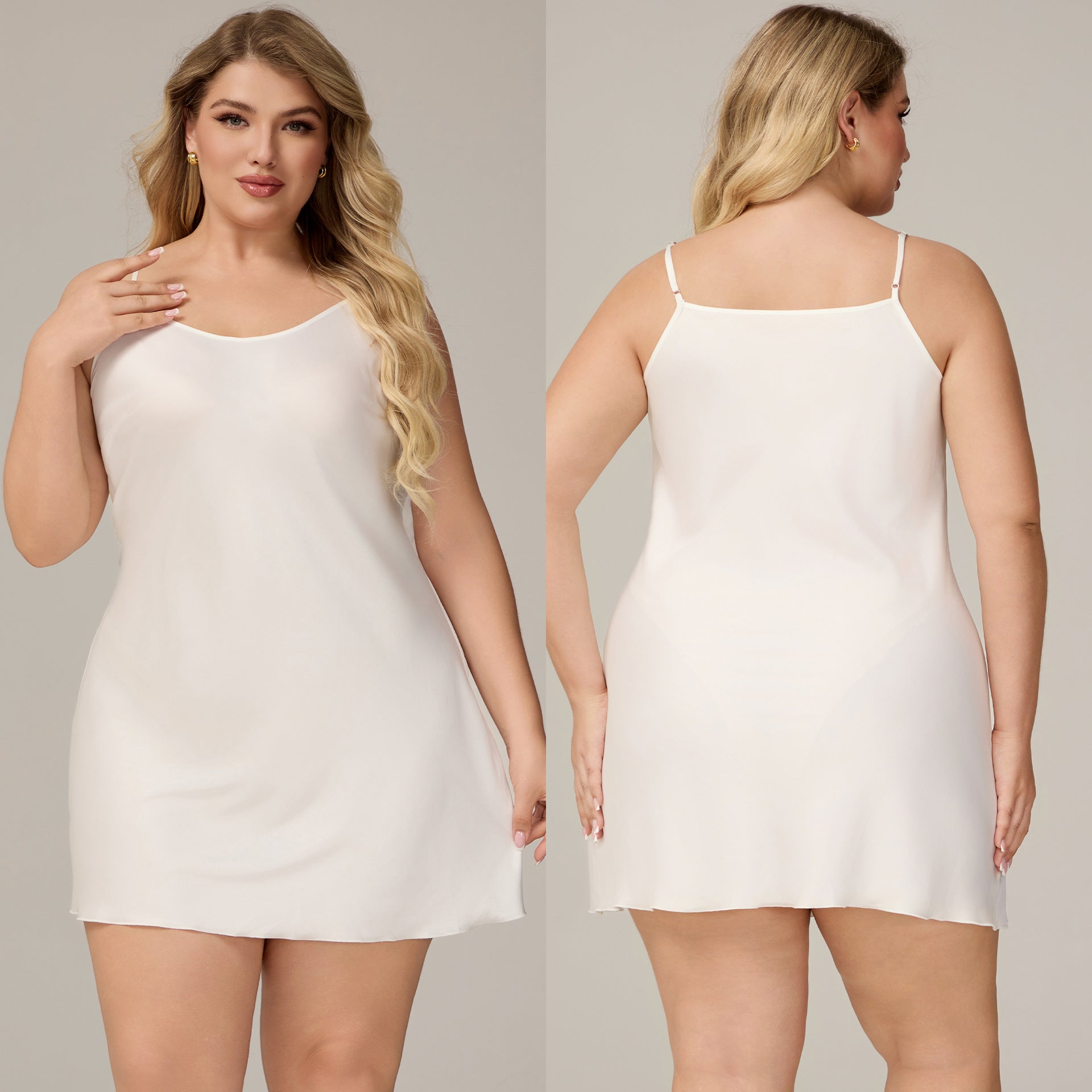 Damen Satin-Chiffon-Negligé Weiß Vorder- & Rückansicht – BodyLuxCare