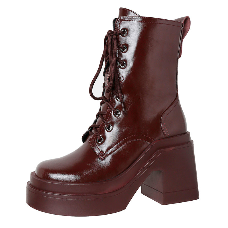 Damen Stiefeletten Dicke Sohle Leder Blockabsatz Martin Boots Braun Seitenansicht