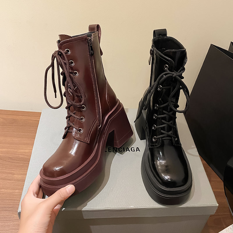 Damen Stiefeletten Dicke Sohle Blockabsatz Martin Boots Braun und Schwarz Farbenvergleich