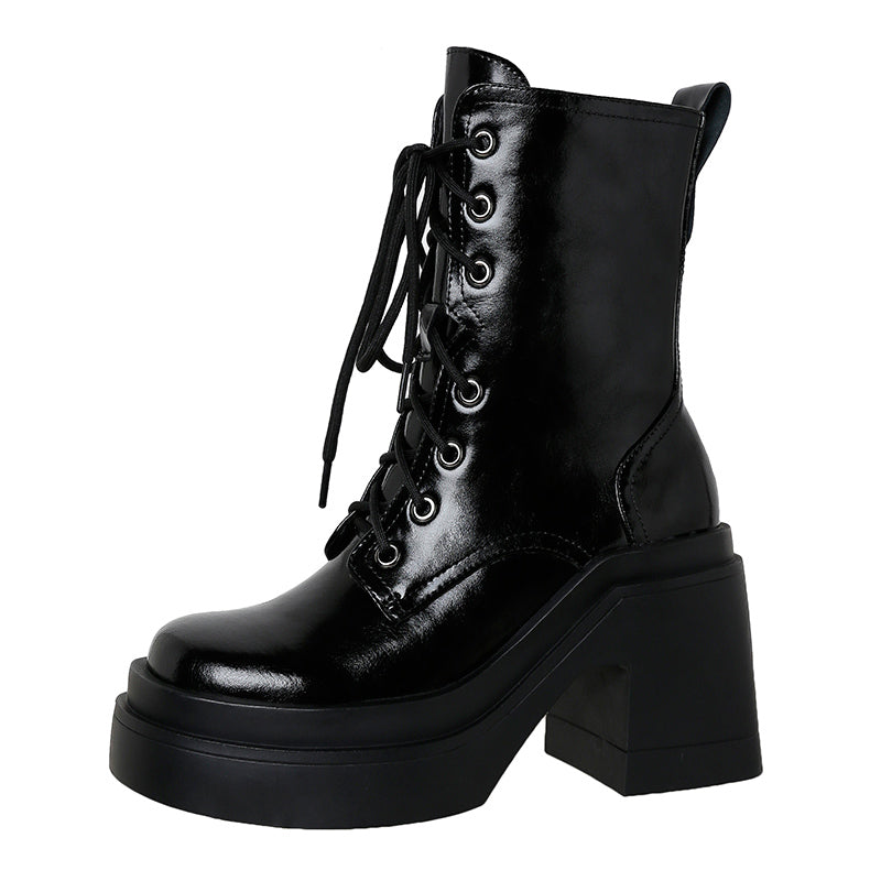 Damen Stiefeletten Dicke Sohle Blockabsatz Martin Boots Schwarz Seitenansicht
