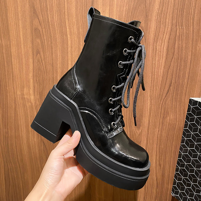 Damen Stiefeletten Dicke Sohle Blockabsatz Martin Boots Schwarz Detailansicht