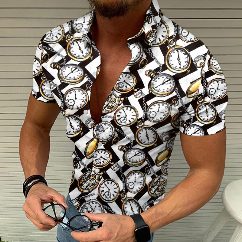 Herren Kurzarmhemd mit 3D Uhren-Aufdruck – Stylisches Sommer-Freizeithemd
