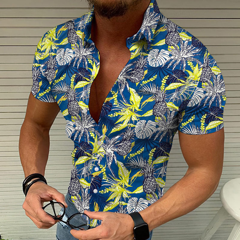 Herren Kurzarmhemd Blau 3D Ananas Monstera Tropisch – Strandhemd Sommer
