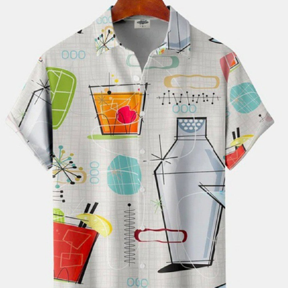 Herren Kurzarmhemd 3D Retro Cocktail Aufdruck – Buntes Sommer Freizeithemd Weiß