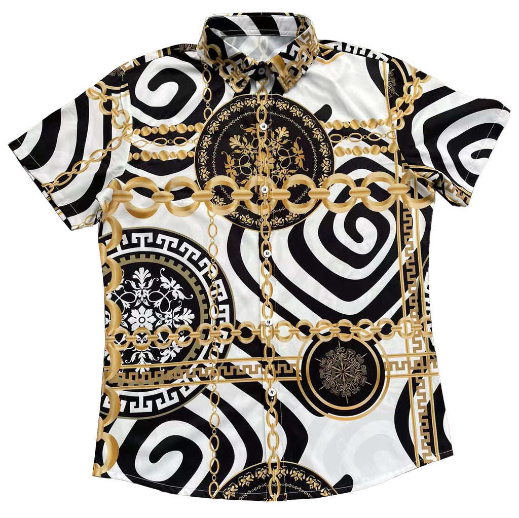 Herren 3D Kurzarmhemd Schwarz Weiß Gold Ketten Barock – Produktfoto Flat Lay