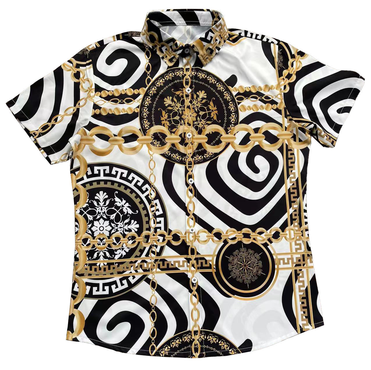 Herren 3D Kurzarmhemd Schwarz Weiß Gold Ketten Barock – Produktfoto Flat Lay