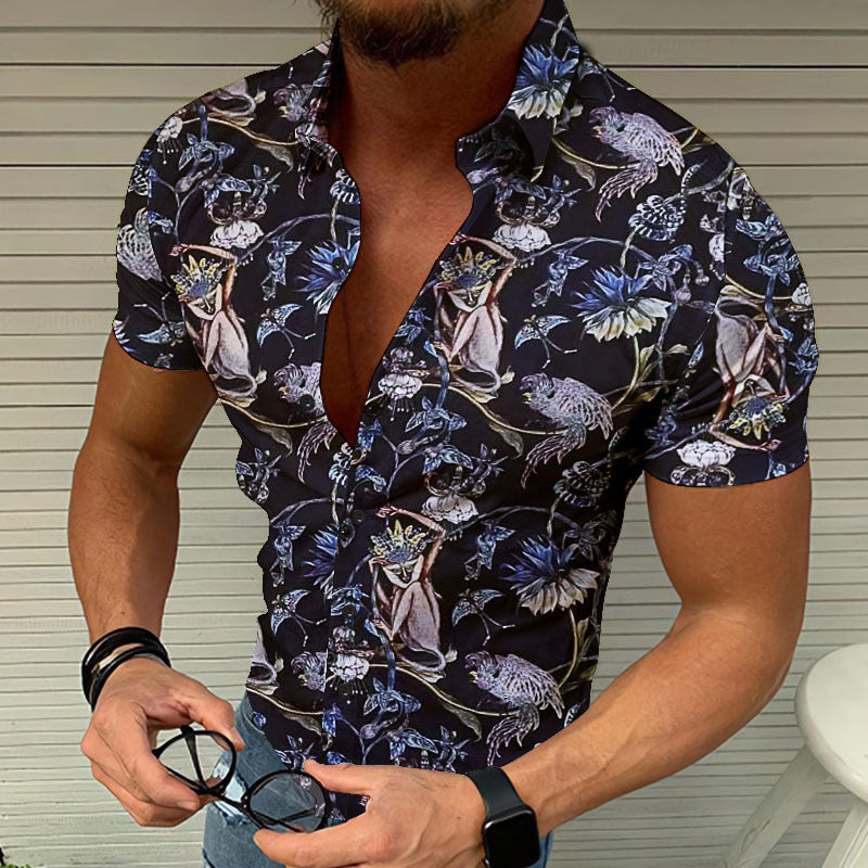 Herren Kurzarmhemd 3D Tropisches Blumen Vogel Muster – Sommer Freizeithemd