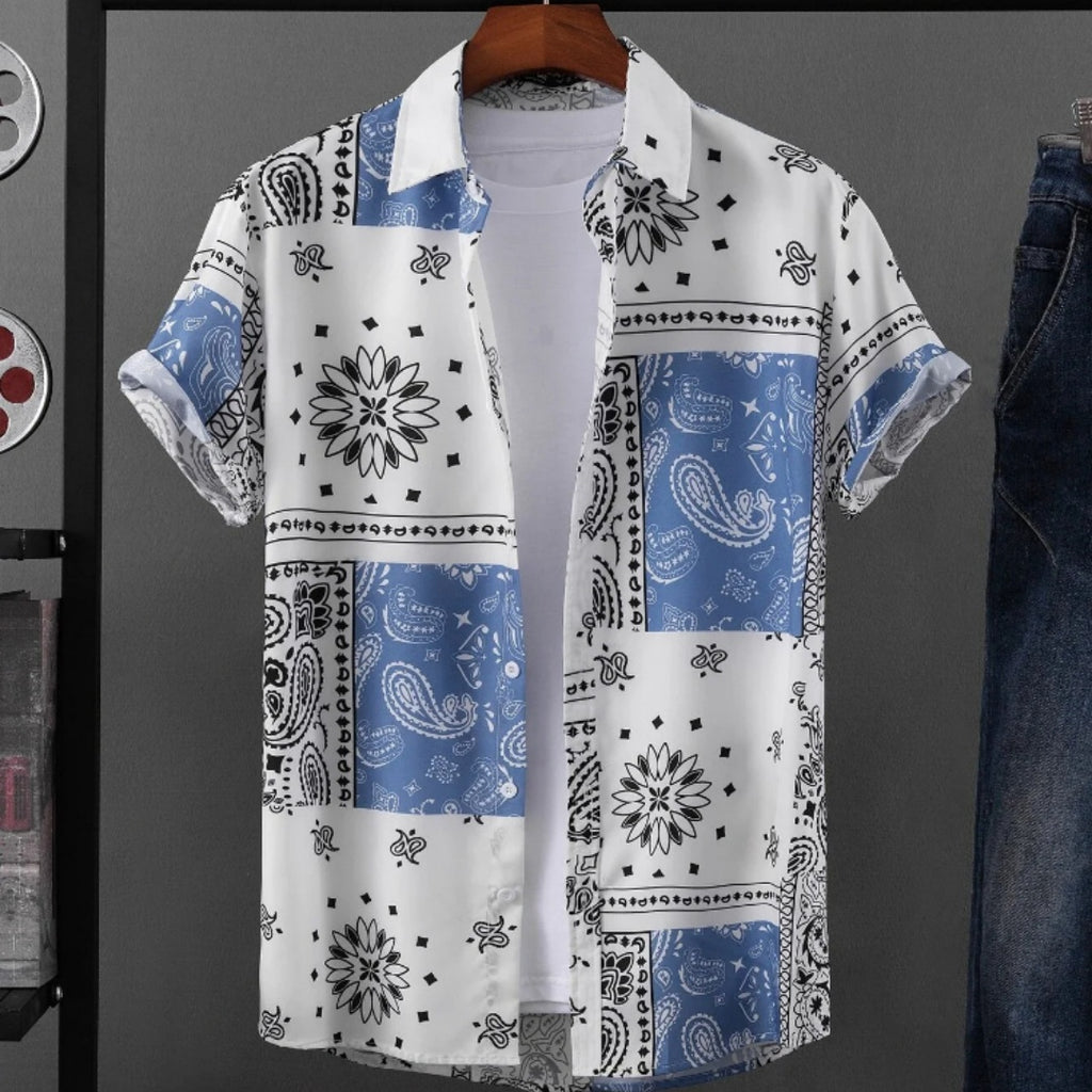 Herren Hawaii-Hemd Blau Weiß Paisley Bandana Print – Loose Fit Sommer Freizeithemd