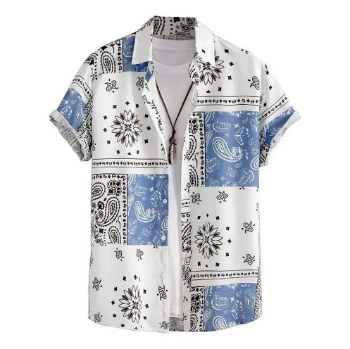 Herren Hawaii-Hemd Blau Weiß Paisley – Nahaufnahme Produktfoto Vorderseite